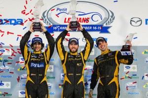 The Rebellion team of Nicolas Prost, Nick Heidfeld and Neel Jani celebrate winning the final ALMS race (photo: Rebellion Racing)