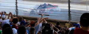 Brad Keselowski celebrates his win in the Nationwide Cup at Indy