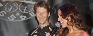 Romain Grosjean chats to the MC at a TW Steel and Lotus F1 event