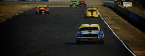 The Touring Car Masters race down Queensland Raceway's back straight
