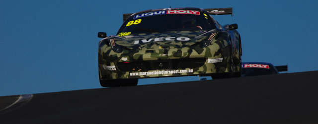 Allan Simonsen in the camouflage Maranello Motorsport Ferrari 458GT3 goes over Skyline