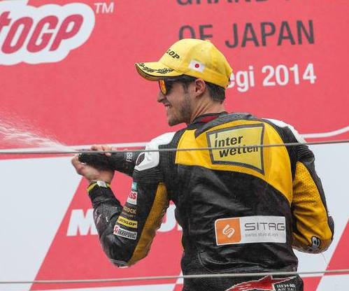 Tom Luthi celebrates his win last time out in Motegi