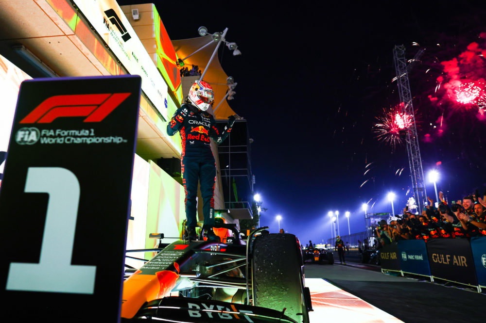 BAHRAIN, BAHRAIN - MARCH 05: Race winner Max Verstappen of the Netherlands and Oracle Red Bull Racing celebrates in parc ferme during the F1 Grand Prix of Bahrain at Bahrain International Circuit on March 05, 2023 in Bahrain, Bahrain. (Photo by Mark Thompson/Getty Images)